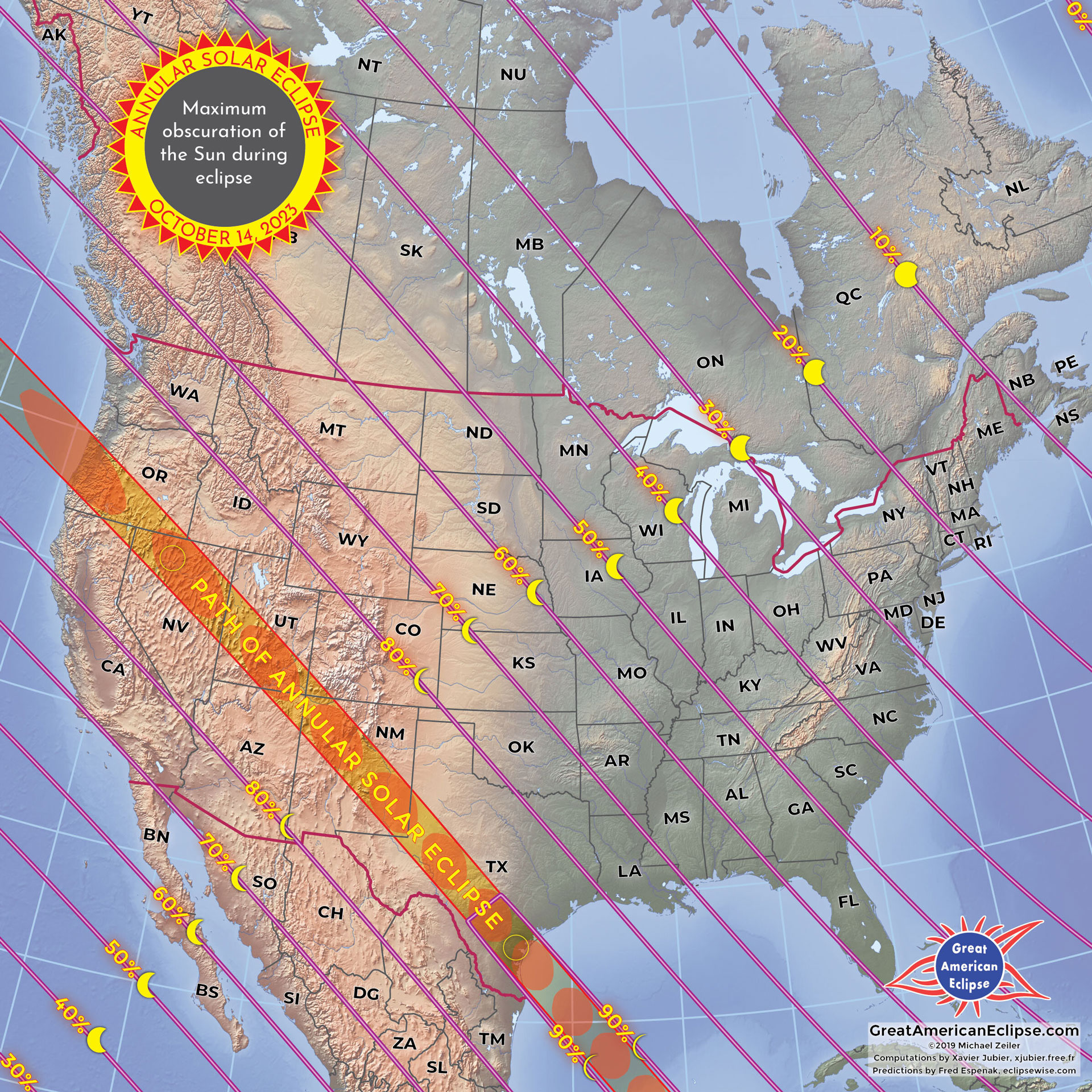 GreatAmericanEclipse.com Map of Annular Solar Eclipse on October 14, 2023