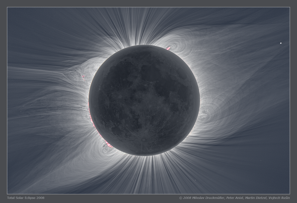 White light image of the corona taken during the 1 August 2008 total solar eclipse and processed by M. Druckmüller.