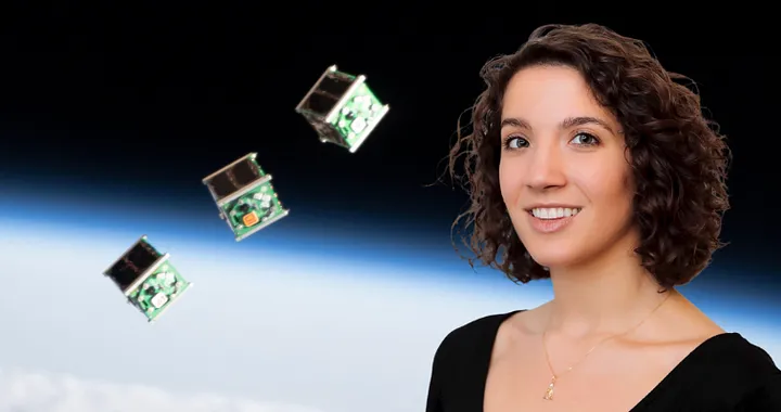 Foreground: Daina Bouquin, head librarian at the Harvard-Smithsonian Center for Astrophysics. Background: A set of small satellites, known as “smallsats” or “cubesats”, is ejected from the Japanese Small Satellite Orbital Deployer on the International Space Station on June 17, 2019. Credit: NASA Photo / Alamy Stock Photo.